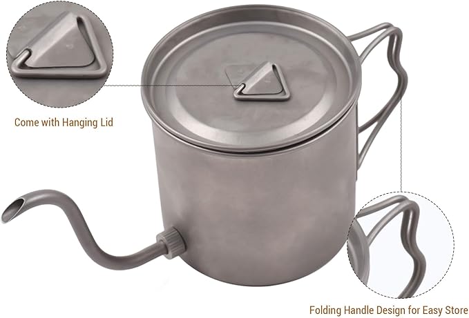 Gooseneck Coffee Kettle, 400ml Pour Over Kettle Ti Folding Handle Water Kettle with Lid