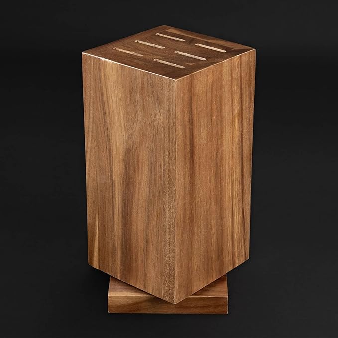 SENKEN Rotating Magnetic Knife Block without Knives, Natural Acacia Hardwood - 360 Degrees Rotation - Ultra Strong Neodymium Magnets, Universal Knife Holder & Storage (Block with Steak Knife Slots)