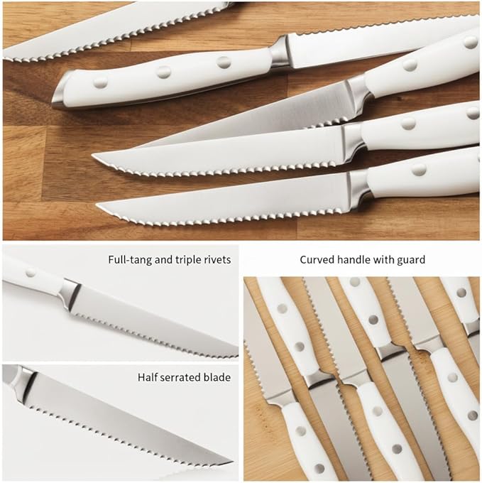 Alata 8-Piece White Steak Knives Set, Stainless Steel Steak Knife set with Serrated Edge, Razor-Sharp, Full-Tang Construction, Dishwasher Safe