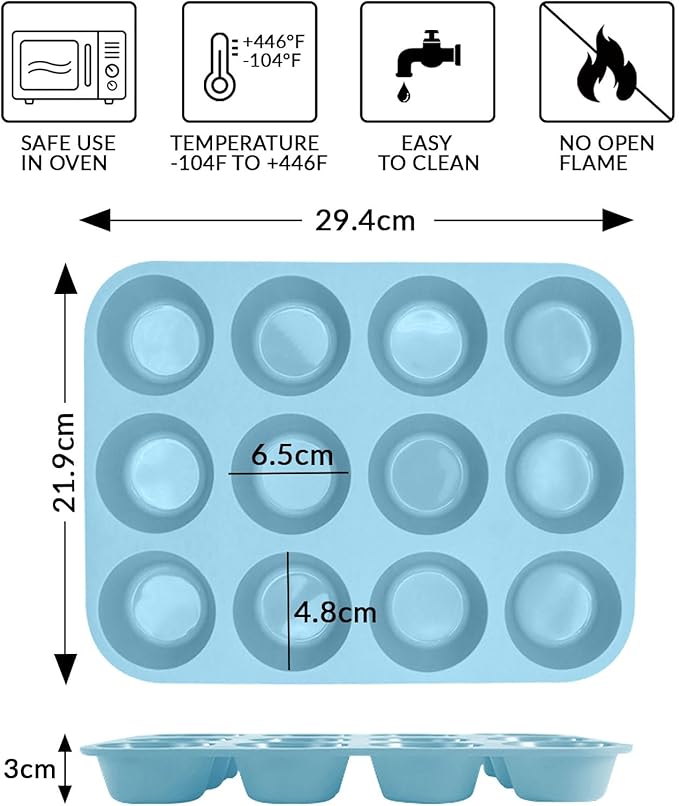 12 Cups Silicone Muffin Pan, Nonstick Cupcake Pan, Heat Resistant Silicone Muffin Tin, Reusable Cupcake Moulds Baking Pan for Cakes, Bread (Blue-2 Packs)