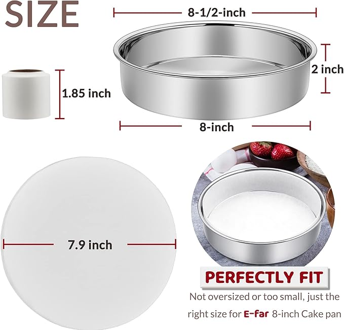 8 Inch Cake Pan Set of 2, E-Far Stainless Steel Round Layer Cake Baking Pans with Parchment Rounds & Side Liner Roll, Non-Toxic & Healthy Metal Cakes Tin, Straight Side & Dishwasher Safe