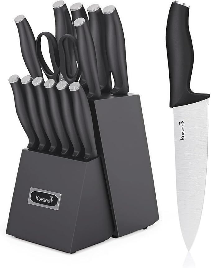 Kuisine Chef Knife Set,High Carbon Stainless Steel Ultra Sharp Blade Ergonomic Handle,Kitchen Knife Block Set with Built-in Sharpener,Elegant Gift for Holiday(Silver Black,15PCS)
