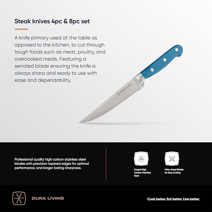 DURA LIVING Premium 4-Piece Steak Knife Set – Sharp Serrated Blades, Forged High Carbon Stainless Steel, Full Tang, Ergonomic Handle, Royal Blue – Ideal for Dining & Entertaining