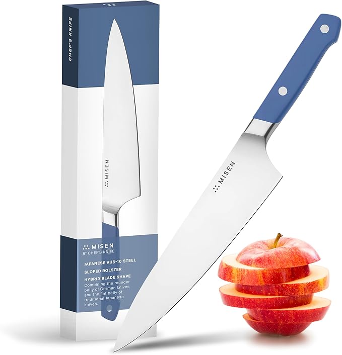 Misen 8" Chef Knife – High Carbon Japanese AUS-10 Stainless Steel – Hybrid German & Japanese Blade – Precision Kitchen Knife for Professionals & Home Cooks – Ultimate Cutting Performance - Blue