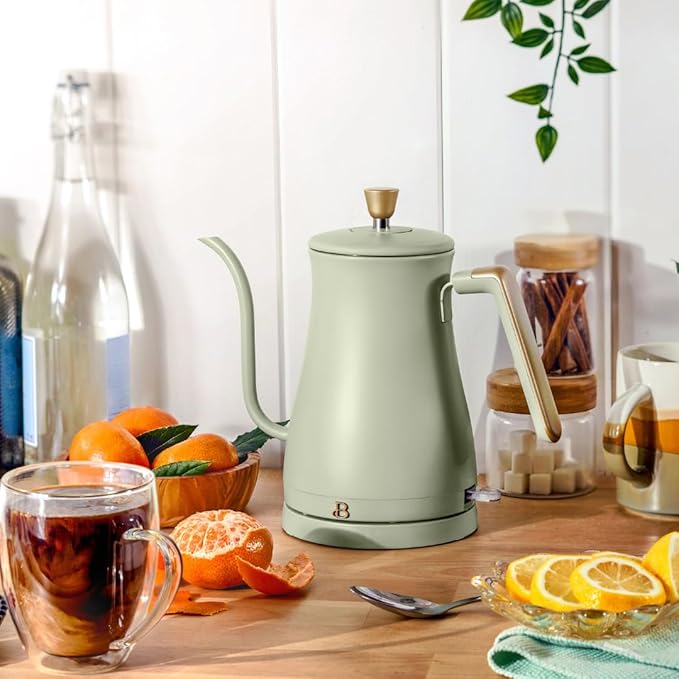 Beautiful 1L Electric Gooseneck Kettle, Precision Pour Spout, 1200W Fast Boil, Auto Shut-Off, Cordless, Stainless Steel, Tea & Coffee Maker with Ergonomic Handle, Matte Finish (Sage Green)