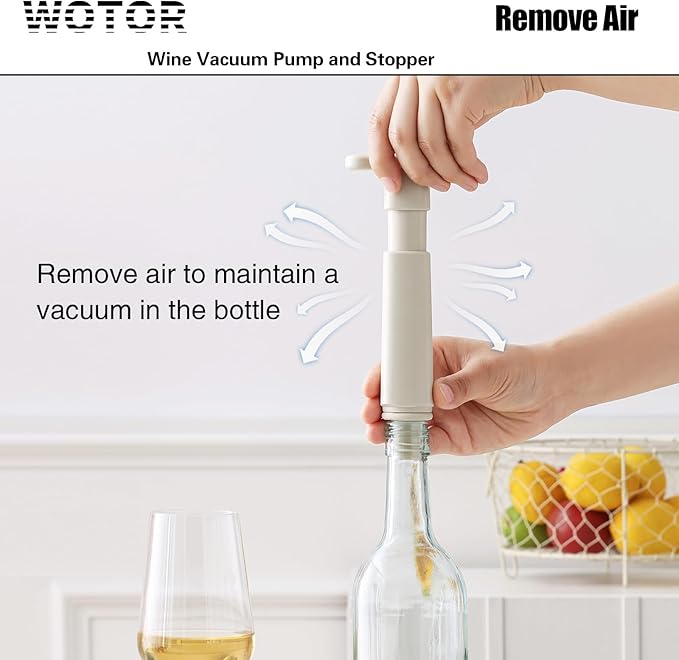 WOTOR Wine Saver Vacuum Pump with 8 Stoppers, Wine Stopper & Preserver, Reusable Bottle Sealer Keeps Fresh, Ideal Accessories Gift, Flat Handle (Cream)