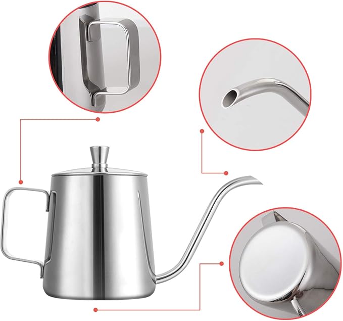 GWHOLE Small Pour Over Gooseneck Coffee Kettle Long Narrow Drip Spout Coffee Tea Pot for Stove Top - Silver, 350ML/12 Oz