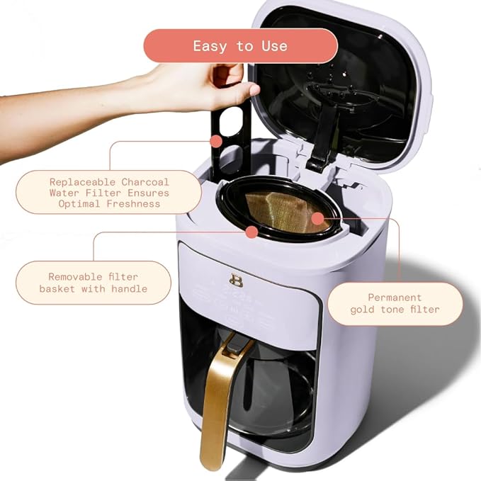 Beautiful by Drew Barrymore 14-Cup Programmable Drip Coffee Maker, Touch-Activated Display, Fast 14-Min Brew, Bold Strength, Keep Warm 4hrs, Gold Filter (Lavender)