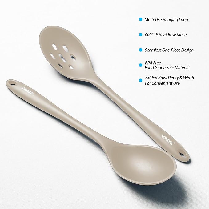 Silicone Slotted Spoons for Cooking - Extra Large Kitchen Spoons for Mixing, Serving, & Stirring - 600°F Heat-Resistant Non Stick Utensils Skimmer- Dishwasher Safe, Khaki