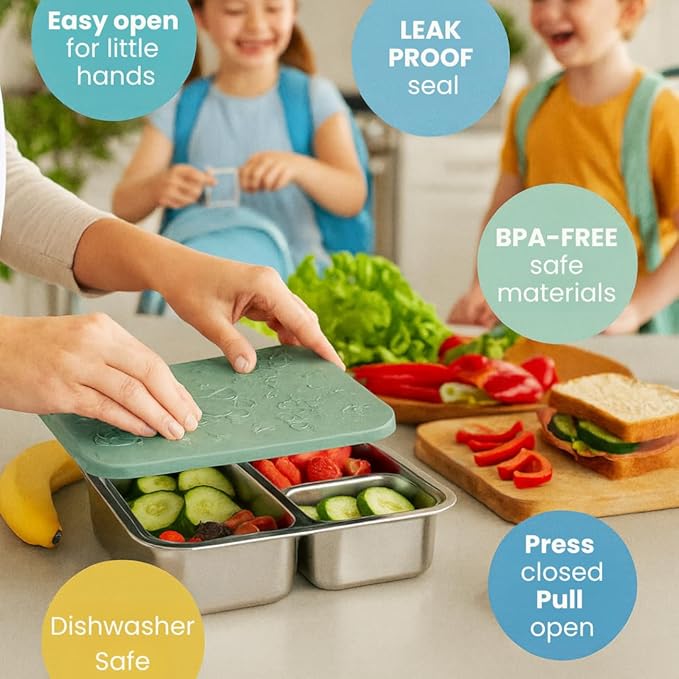 Stainless Steel Lunch Box for Kids 3 and older - 3 Pieces: Stainless Steel Bento Box & 2 Snack Containers for Kids - Dishwasher Safe, Eco-Friendly, BPA Free, Leak Proof