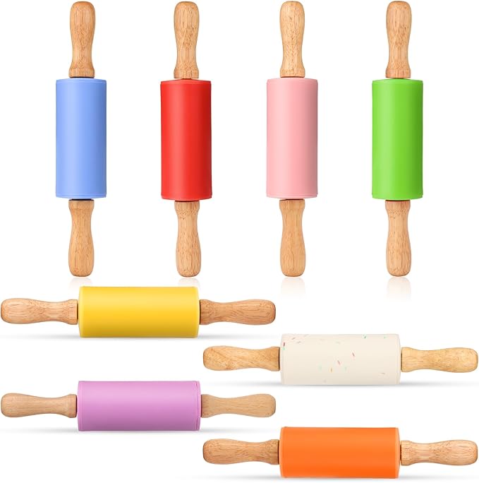 Mini Silicone Rolling Pin for Kids, Non-stick Surface Wood Handle, 9 Inch 8 Pack