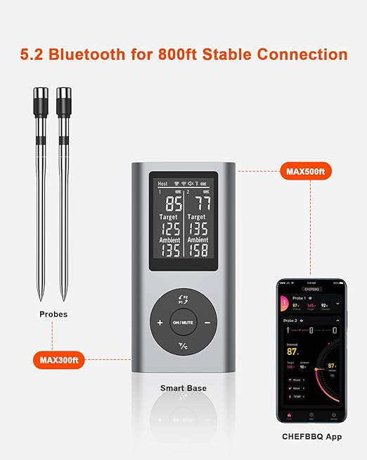 Wireless Meat Thermometer with 2 Probes & 800Ft Range - Smart Bluetooth BBQ Grill Thermometer with Standalone Base, NIST Certified ±0.5°F Accuracy, Backlit Display for Oven, Smoker, Kitchen Cooking