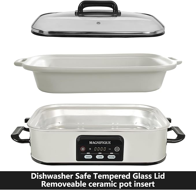 Magnifique 4 Quart Casserole Digital Slow Cooker, Premium Ceramic Bakeware for Oven, Dishwasher Safe Baking Dish, White