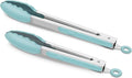 9-Inch & 12-Inch Cooking Tongs, Premium Silicone Set of 2 BPA Free Non-Stick Stainless Steel BBQ Grilling Locking Food Tong, Aqua Sky