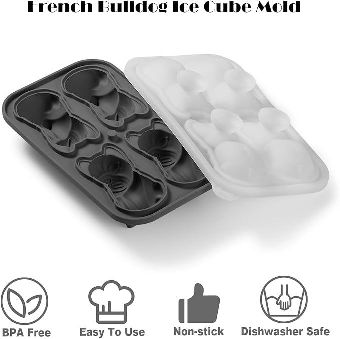 Nax Caki French Bulldog Ice Cube Mold, 4 Hole Fun Shapes Large Frenchie Bull Dog Ice Cube Tray for Whiskey,Cocktail,Bourbon, Cute Novelty French Bulldog Gifts for Decor, BPA Free