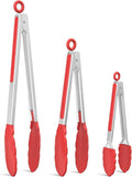 NileHome Tongs for Cooking, Professional Stainless Steel Cooking Tongs – Heat-Resistant for Grilling, BBQ, Serving Salad, Pasta, and Kitchen Use, Dishwasher Safe, Set of 7" 9" 12", Red