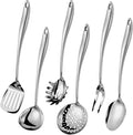 304 Stainless Steel Kitchen Utensils Set, 6 Pcs Long Metal Cooking Utensil with Spatula, Solid Spoon, Ladle, Skimmer, Spaghetti Spoon, Meat Fork, Dishwasher Safe