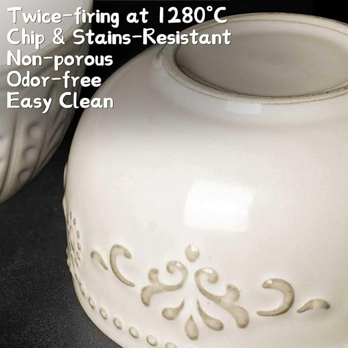 Artena Small Bowls Set of 4, 12 oz Ceramic Embossment Dessert Bowls, white Bowl for Kitchen, Ice Cream, Side Dishes, Rice, Cereal, Fruit, 4.5 Inch, Microwave & Dishwasher Safe, Multiple Patterns