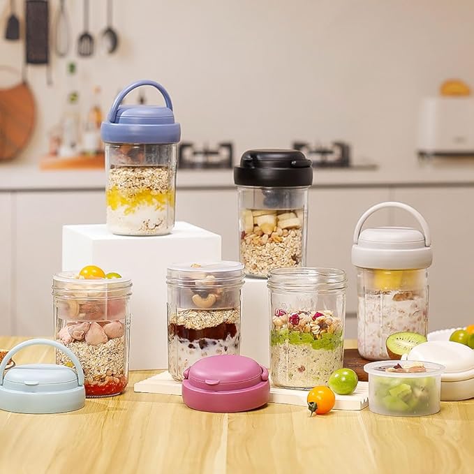 4 Pack Overnight Oats Containers with Lids and Handles, Folding Spoons & Divided Compartments for Fruit & Nuts, 16oz Glass Mason Jars for Oatmeal, Meal Prep & Breakfast (Black/Deep-Blue/Cream/Purple)