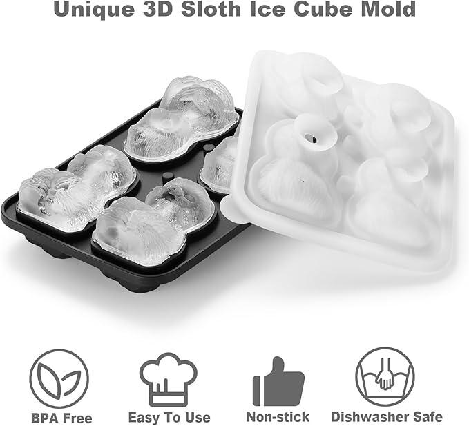 Sloth Ice Cube Tray Fun Shapes, Odd Novelty Cute Sloth Gifts, 2.2" Large Silicone Whiskey Ice Mold for Cocktails,Bourbon,Brandy, w/Funne
