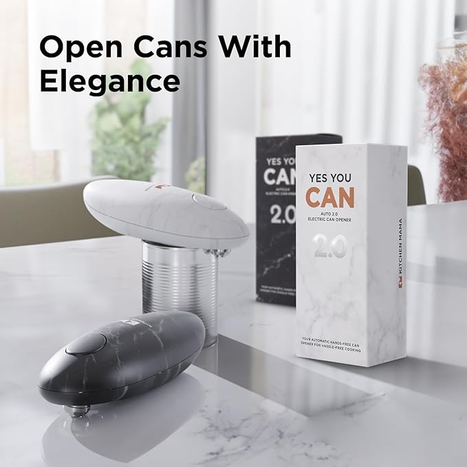 Kitchen Mama Auto 2.0 Electric Can Opener: Blade Opens Almost Any Can Pop or Soda Can - Automatic, Hands Free, Safe, Smooth Edge, Lid Remover, Battery Operated, Cordless, YES YOU CAN (Marble White)