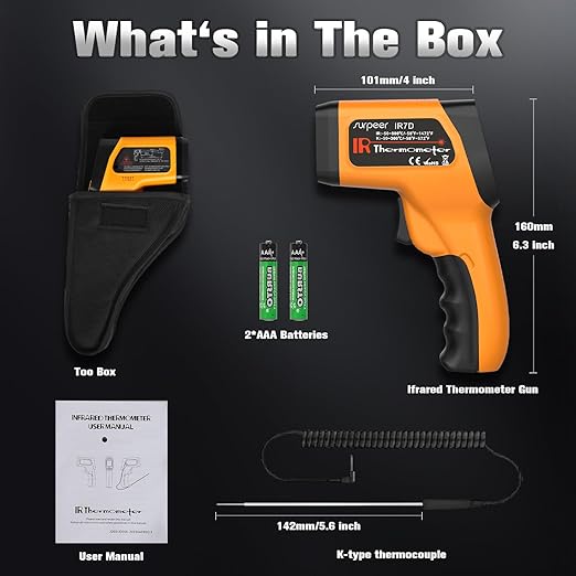 Infrared Thermometer Temperature Gun, Non-Contact Digital Laser Temp -58°F to 1472°F, K-Type Probe -58°F to 572°F, for Cooking, Pizza Oven, BBQ, HVAC, Home & Industrial