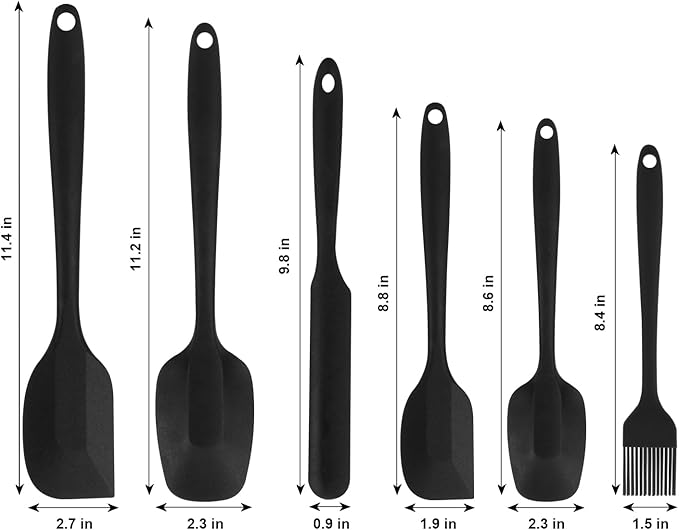 Silicone Spatulas Set of 6, Rubber Spoon Spatula Heat Resistant Spoonula One Piece Design Seamless Spatula Non-Stick Scrapers Baking Mixing Tool (Black)