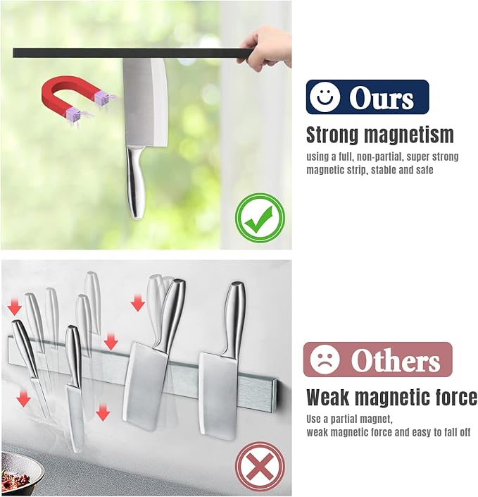 Dmore magnetic knife holder for wall—with 2 hooks, No Drilling 10 Inch black knife magnetic strip, Powerful knife magnet rack, include Adhesive Tape and screws for Knives, Utensils, and Tools
