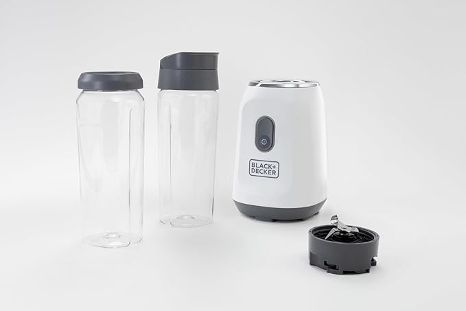 BLACK+DECKER® Ice Crush Single Serve Blender with Pulse/ON Button, Base, Two 20oz Personal Blender Jars, Blade Assembly, Travel Lid, White