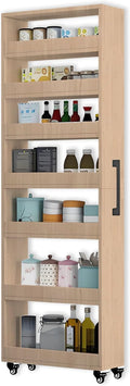 7-Tier Slim Storage Cart, Wooden Rolling Pantry Cabinet with Wheels, Narrow Shelf Organizer for Kitchen, Bakers Rack, Dining Room, Closet, Small Spaces Light Walnut 73.2" H*7.8" W*23.6" D