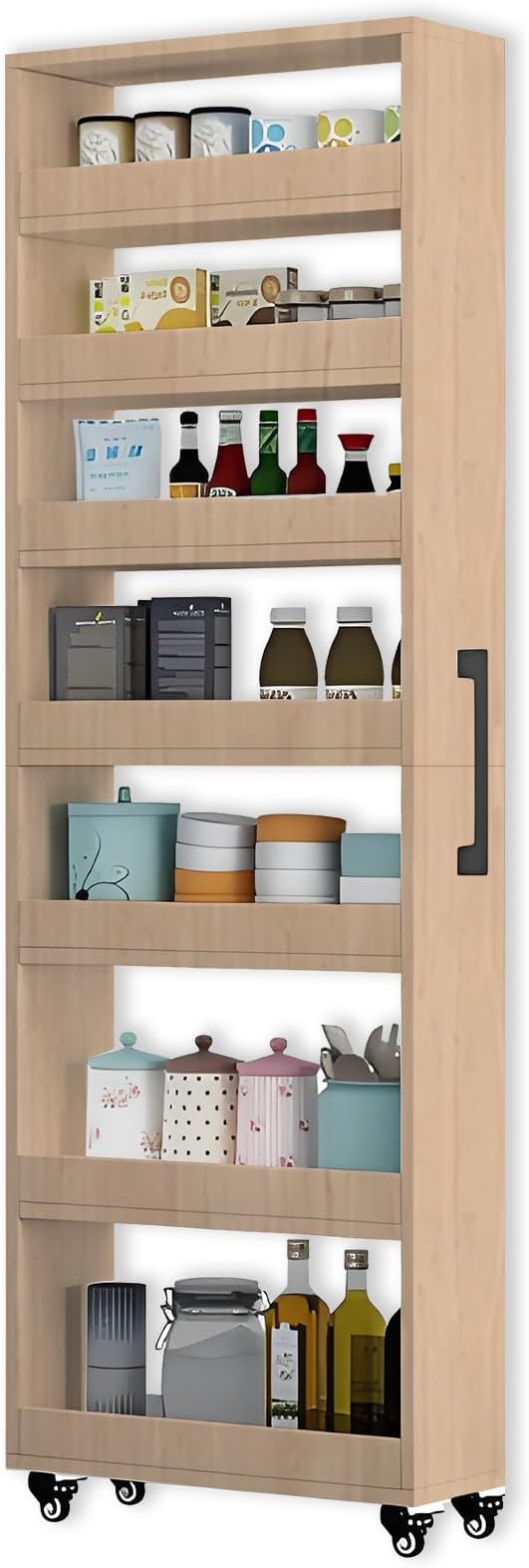 7-Tier Slim Storage Cart, Wooden Rolling Pantry Cabinet with Wheels, Narrow Shelf Organizer for Kitchen, Bakers Rack, Dining Room, Closet, Small Spaces Light Walnut 73.2‘’H*5.9''W*19.6''D