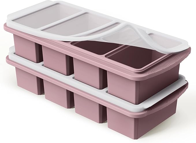 Silicone Freezer Tray with Lid Soup Freezer Container Molds with Steel Reinforced Rim Large Ice Cube Tray Makes 8 Perfect 1 Cup Portions Cubes Storage Food Containers House Essentials for New Home
