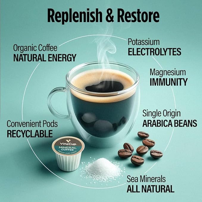 VitaCup Mineral Coffee Pods with Trace Minerals, Hydrate, Replenish & Restore, w/Sea Minerals, Electrolytes, Organic Coffee, Medium Dark Roast, Single Serve Pod Compatible w/Keurig K-Cup Brewers,64 Ct