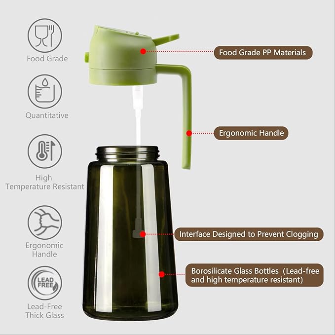 2PCS Olive Oil Dispenser and Oil Sprayer – 16oz/470ml Glass Light-Proof Oil Pourer for Kitchen, Air Fryer, Cooking, Salad, and BBQ
