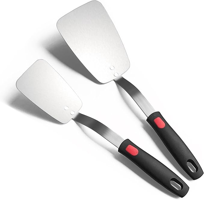 Stainless Steel Flexible Spatula Solid Turner, XiaoZu Thin Metal Spatula for Cast Iron Skillet, Thin Blade and Heat Resistant Silicone Handle, Great for Egg, Cookie, Meat, Crep, Medium + Large