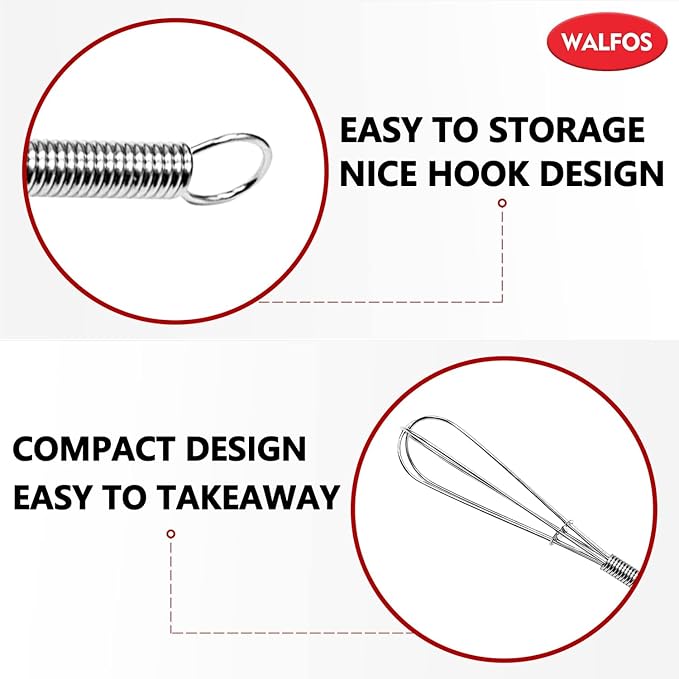Walfos Mini Whisks Stainless Steel 6pcs; 7" - Small Whisk for Whisking, Beating Eggs, Mixing Sauces, Blending Ingredients
