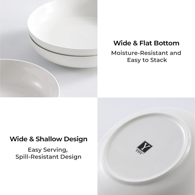 YHY Pasta Bowls Set of 4, 22 oz Ceramic Salad Plates, 7.8 Inch Wide Shallow Porcelain Dishes for Dinner, Microwave & Dishwasher Safe, White