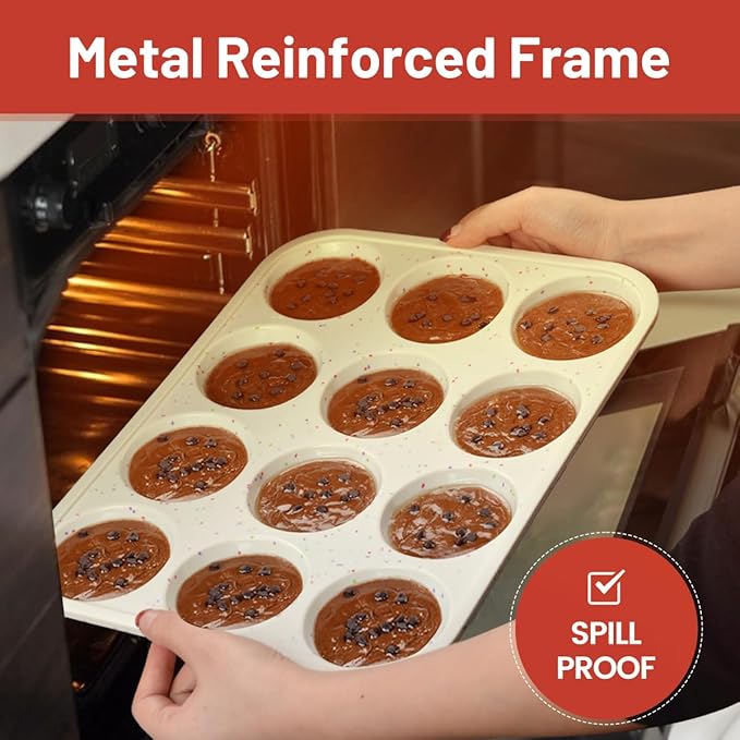 Silicone Muffin Pan, Metal Reinforced Frame Cupcake Pan 12 Cups Regular Size Easy to Move in or Out of Oven Non-Stick (1)