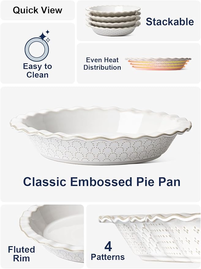 LE TAUCI Ceramic Pie Pans for Baking, 9 Inch Pie Plate for Apple Pie, Round Baking Dish, 36 oz Deep Dish Pie Pan - Set of 1, Fireworks, Arctic White