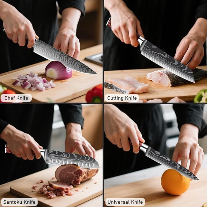 10-Piece Premium Japanese Kitchen Knife Set - Imperial Collection, Laser Damascus Pattern, 440A Stainless Steel Ultra Sharp for Fast Cutting (Blue)