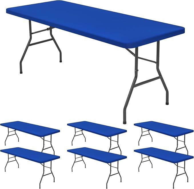 6 Pack Stretch Fabric Table Top Cap Cover, fits 6' Tables, Spandex Table Covers Washable Elastic Rectangle Tablecloth Protector for Indoor Outdoor Party Picnic Wedding, Royal Blue, 30" W x 72" L