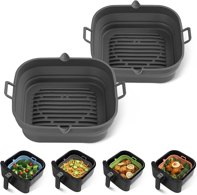 [2 Pack] Silicone Air Fryer Liners Square - Reusable Airfryer Basket - Easy to Clean Air Fryers Pot for 5.8 to 8 Qt Large Air Fryer Baking Tray Oven Accessories, 8.5 Inch