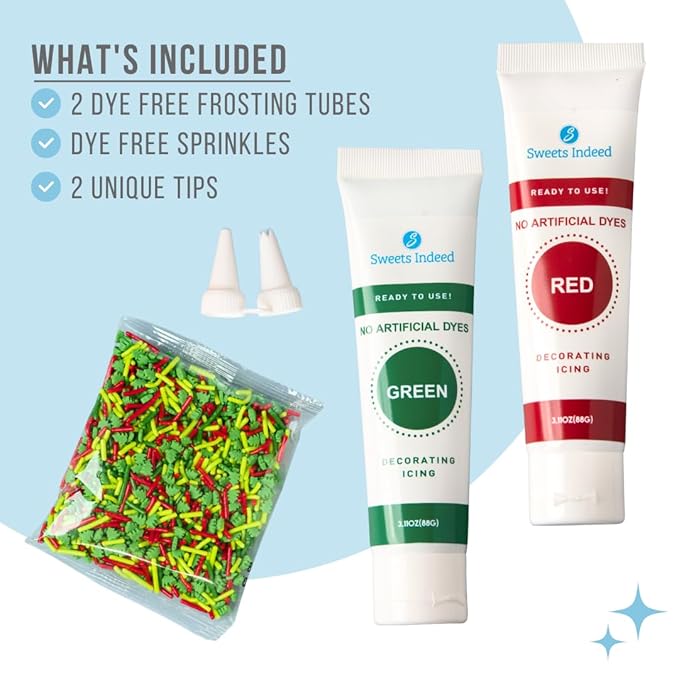 Sweets Indeed Dye-Free Holiday Frosting & Decorating Kit – 8.21 oz | Red & Green Frosting Tubes with 2 Piping Tips and 2 oz Dye-Free Sprinkle Mix | Christmas Cookie Decorating & Holiday Baking Set