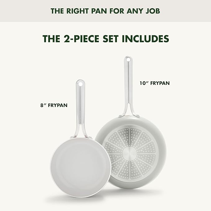 GreenPan Nova 8” & 10” 2 Piece Frying Pan Skillet Set, Oprah’s Favorite Things 2024, Induction Suitable PFAS-Free Nontoxic Ceramic Nonstick, Dishwasher & Oven Safe, Quick Even Heating, Cream White
