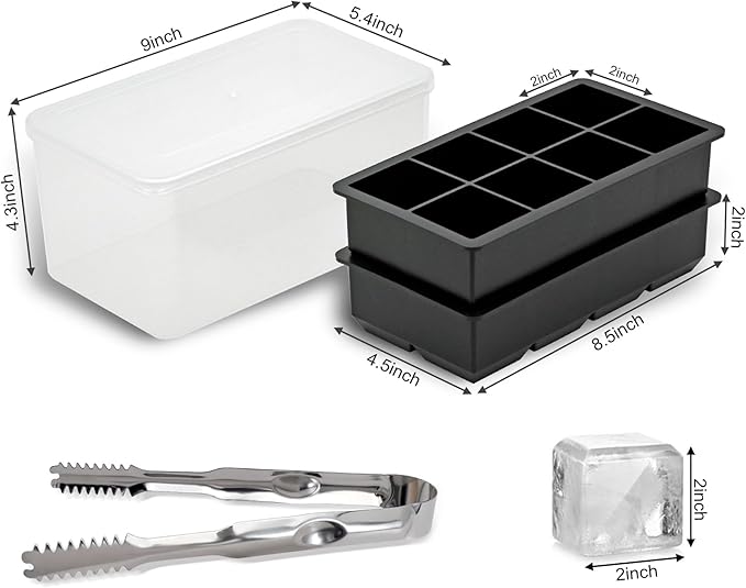 Bangp Large Ice Cube Tray with Bin and Tongs,2 Pack Large Size Silicone Ice Cube Trays for Whiskey, Big Square Ice Cube Molds Making 16 Giant Ice Cubes for Whiskey Cocktails Bourbon