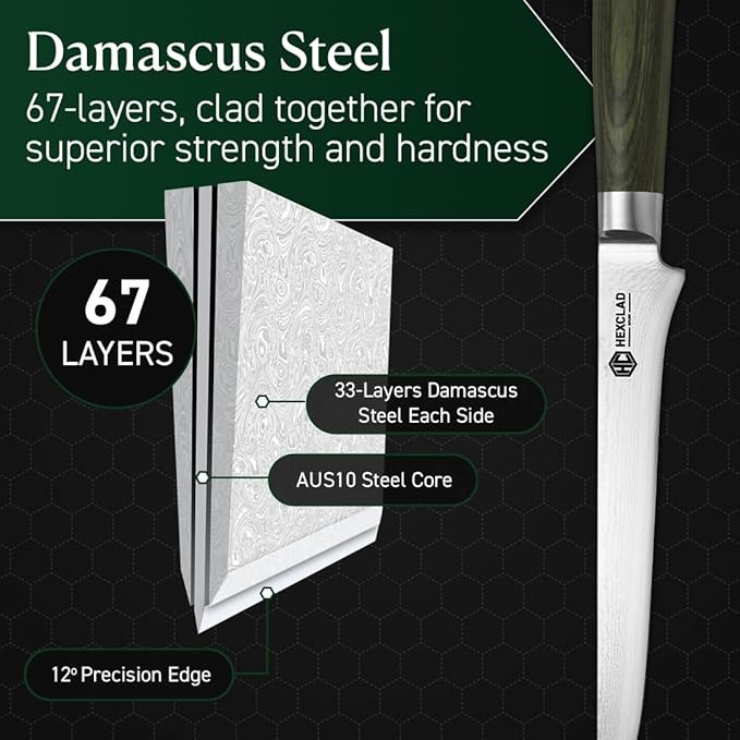 HexClad Boning Knife, 6-Inch Japanese Damascus Stainless Steel Blade, Pakkawood Handle