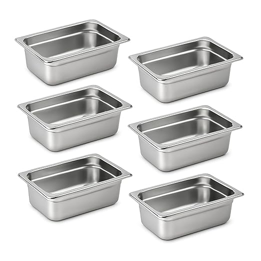 1/4 Hotel Pans 4 Inch Deep Stainless Steel Food Pan - Anti-Jam 6 Pack Steam Table Pan Set for Catering, Buffet Use, Kitchen Prep