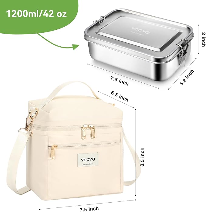 Voova Stainless Steel Lunch Box with Lunch Bag for Women Men Adult, (42oz/1200ml) Leakproof Metal Bento Box with Free Sealing, Insulated Lunchbox for School Work, Beige