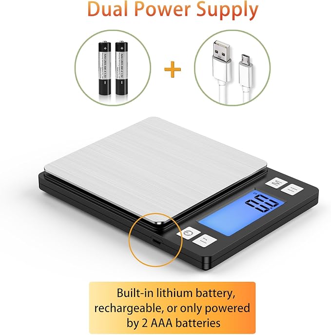 BOMATA Upgraded Small Food Scale, 0.1 g/0.001 oz High Precision, 3000 g/6.6 lb, with New Hold Function and Larger Display, USB Rechargeable, Digital Kitchen Scale for Small Item, Jewelry. Black