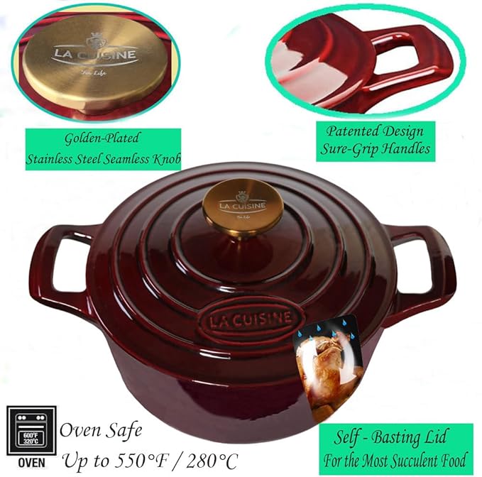 La Cuisine Enameled Cast Iron Dutch Oven Casserole Dish Pot with Lid, 2.1 QT 7.9“ /20cm Dia. Internal Matte Black Enamel Coating, Gold-Plated SS Lid Handle Oven Safe up to 500° F, Cranberry